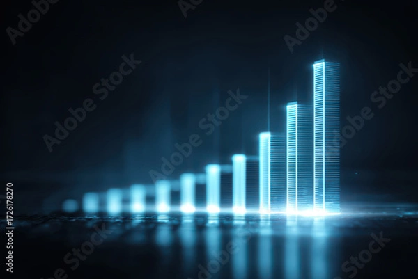 Fototapeta Neon finance bar chart glowing hologram rising growth futuristic data digital analytics business success blue light 3D bars modern technology
