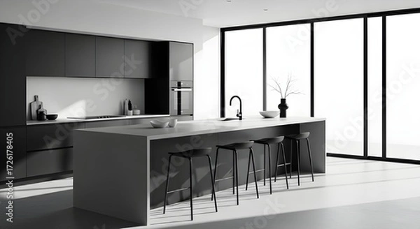 Fototapeta Minimalist monochrome kitchen with long island, matte black stools, sunlight entering through full-height sliding doors.