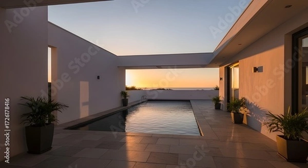 Fototapeta Minimalist villa backyard with open terrace, infinity pool, white walls, warm evening light illuminating design.
