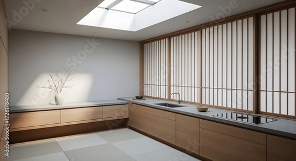 Fototapeta Minimalist Japanese-inspired kitchen with low wooden cabinetry, sliding shoji doors, sunlight entering softly from skylight.
