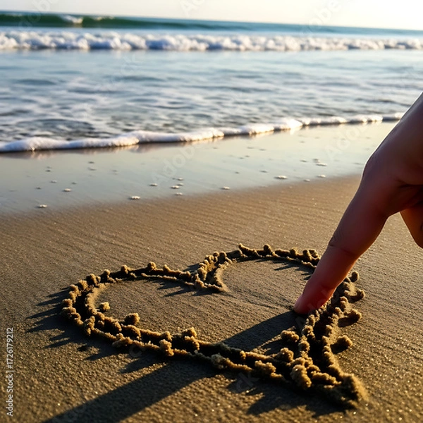 Fototapeta Hand drawing a heart on damp sand with finger, ocean waves approaching gently