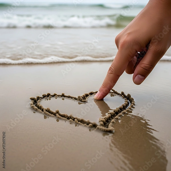 Fototapeta Hand drawing a heart on damp sand with finger, ocean waves approaching gently