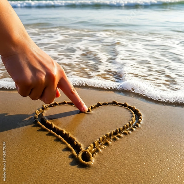 Fototapeta Hand drawing a heart on damp sand with finger, ocean waves approaching gently