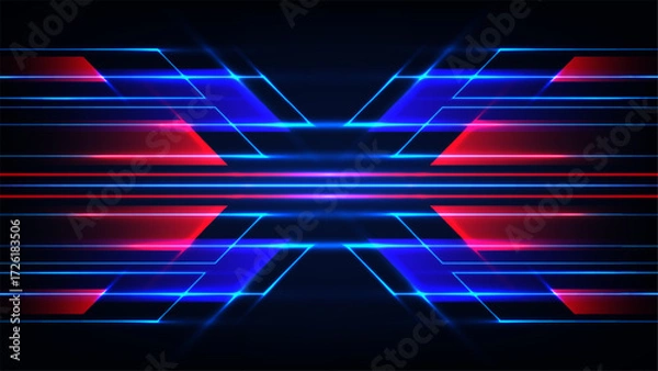 Fototapeta abstract futuristic background with intersecting blue and red neon light trails glowing on dark backdrop technology speed symmetry design digital concept modern motion pattern dynamic glow