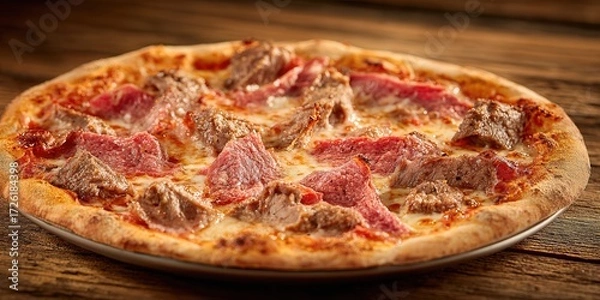 Fototapeta Delicious Meat Lover's Pizza with Juicy Toppings on a Rustic Wooden Table