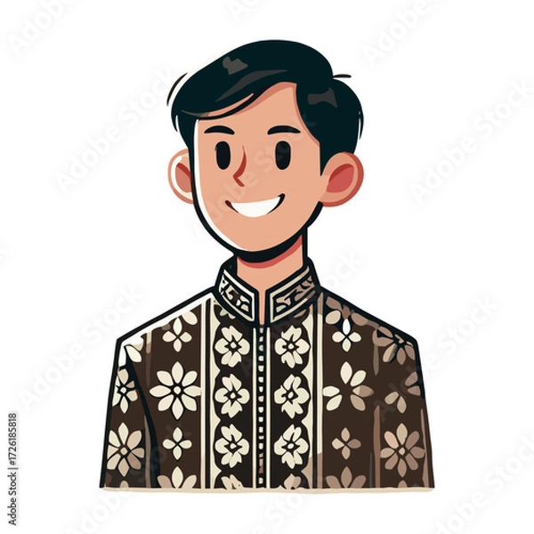 Fototapeta Cartoon of a smiling man wearing a traditional Indonesian shirt with a floral batik pattern