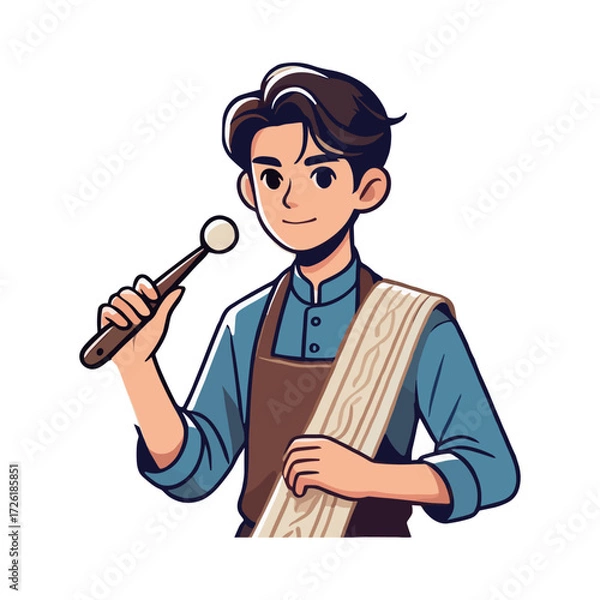 Fototapeta A young man is weaving traditional fabric in a white background