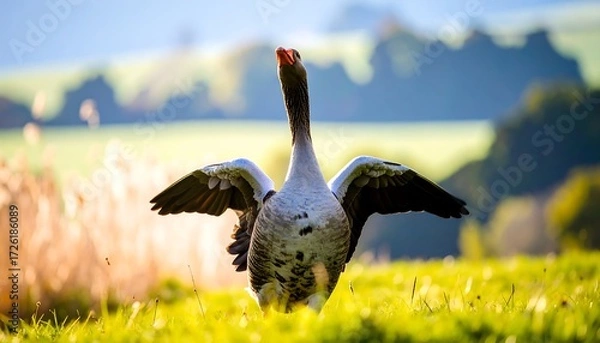 Fototapeta A goose stretches its wings in a sunny meadow, green grass in the blurred background
