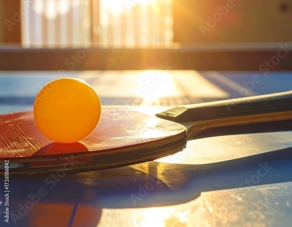 Fototapeta Ping pong paddle and ball under golden sunlight