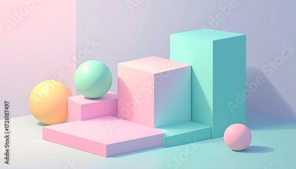 Fototapeta Pastel geometric shapes spheres, cubes, and platforms cast soft shadows in soft light