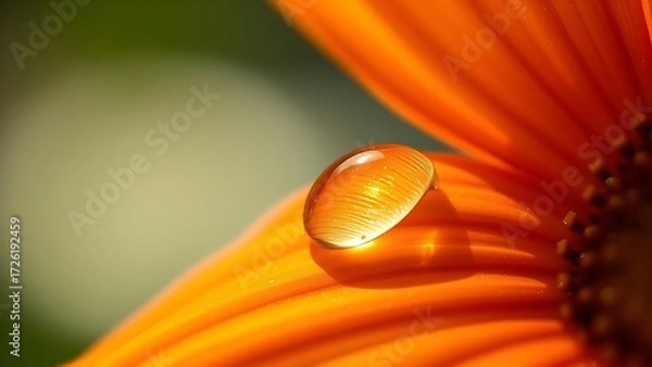 Fototapeta Macro close-up of an orange flower petal with a water droplet, emphasizing delicate textures and details.