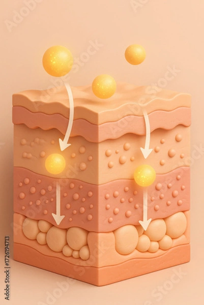 Obraz Layered skin cross section retinol skincare treatment diagram soft glow arrows absorption collagen support hydration gentle