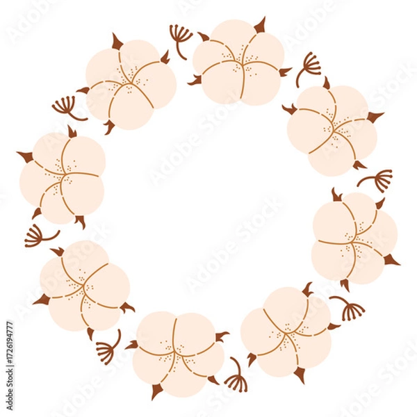 Fototapeta Autumn cotton boll circle frame. Round border made of cotton boxes. The cotton is arranged in a circle. Vector flat isolated on white background.