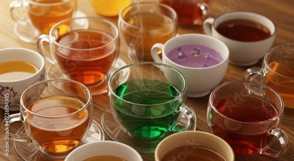 Obraz Assorted tea cups with varied drinks