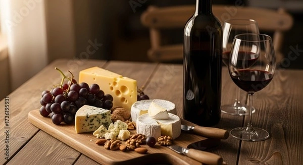 Fototapeta Rustic tabletop: wooden cutting board with cheese, grapes, nuts,ambient light.