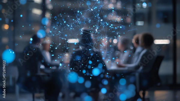 Fototapeta Business professionals in a blurred office setting with a digital network overlay, symbolizing connectivity, technology, and collaboration in a modern work environment