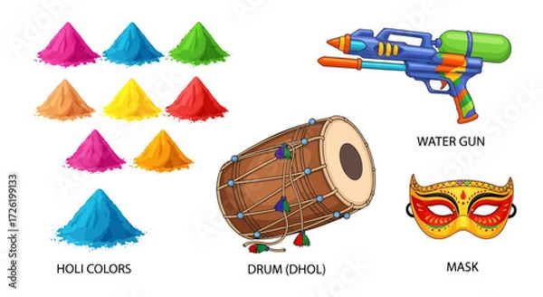 Fototapeta Holi festival elements including vibrant colors, a traditional dhol drum, a water gun, and a decorative mask