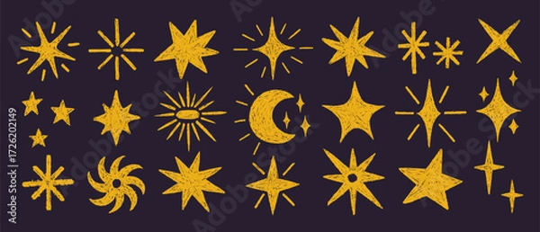 Fototapeta Crayon Star and Chalk Icons Set. Vector Collection Hand Drawn Doodle Shapes of Stars, Moon, Sun, Rays in Yellow Color. Charcoal Sparkle Elements in Kids Style.