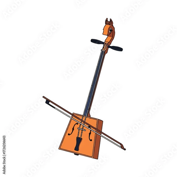 Fototapeta An orange electric violin with a black bow resting on a white background with a product showcase style and vibrant color palette.