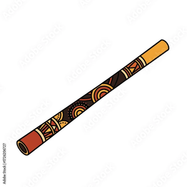 Fototapeta A colorful, hand-drawn illustration of a didgeridoo with vibrant orange, yellow, and red patterns on a white background.