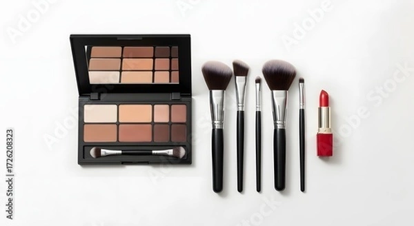 Fototapeta Flat lay: makeup palette, brushes, lipstick, minimalist style, clean white background, soft lighting.