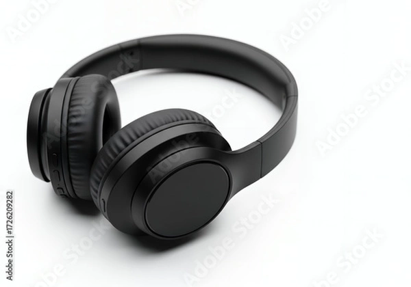 Fototapeta Black wireless headphones resting on a white surface, showcasing sleek modern audio technology for music enjoyment and communication.
