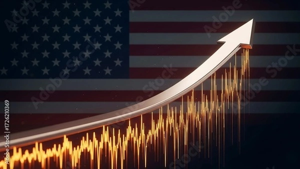 Fototapeta A bold upward arrow surging over an orange analytical wave chart on a dark, subtle US flag background. Symbolizes strong economic momentum, recovery, and financial optimism.
