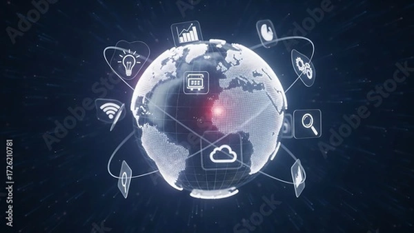 Fototapeta A digital earth globe surrounded by an interconnected ring of tech icons for ideas, Wi-Fi, search, and data. Visualizes global business, communication, and digital transformation.