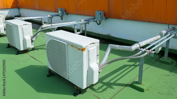 Fototapeta Window-type air conditioner outdoor condenser unit installed on a building rooftop,