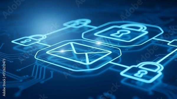 Fototapeta A blue glowing diagram of an encrypted message flow with an envelope connecting to multiple padlocks over a circuit board background. Symbolizes secure communication and cyber protection.