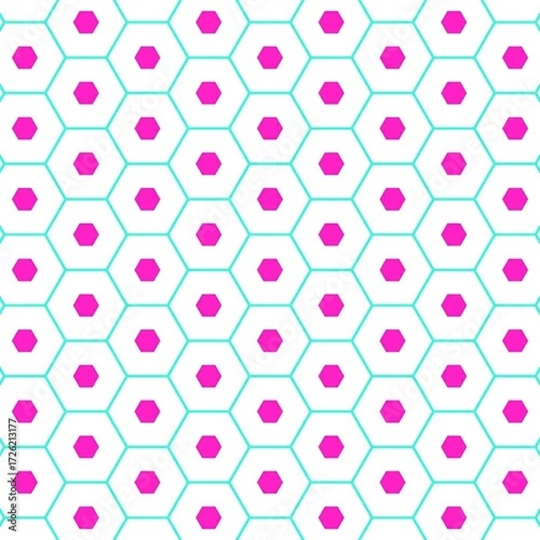 Fototapeta Colorful repeating hexagon design featuring magenta pink hexagons with cyan outlines. Perfect seamless geometric pattern for backgrounds, fabric prints, wrapping paper, and branding design
