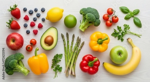 Obraz A variety of fresh fruits and vegetables arranged on a white wooden surface