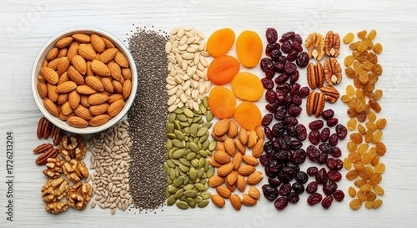 Obraz A variety of nuts and dried fruits are arranged in neat rows on a lightcolored wooden surface