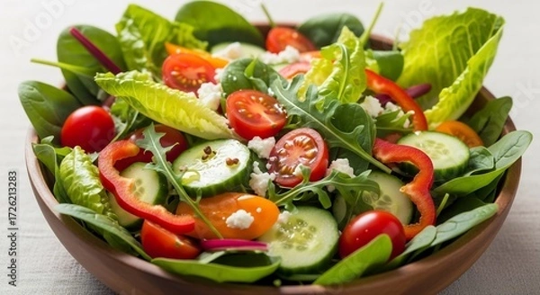 Obraz A vibrant salad in a wooden bowl filled with fresh vegetables and cheese