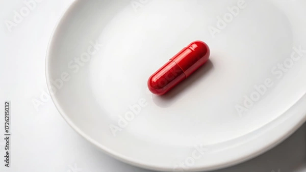 Fototapeta Vitamin B12 supplements concept ,red capsule pill on white plate minimal medicine concept with subtle mood