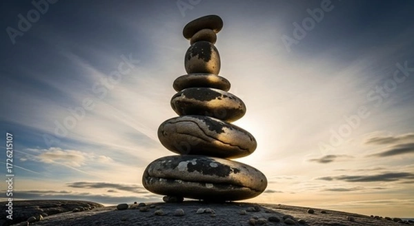 Obraz Balanced stacked stones against a dramatic sky