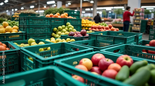 Fototapeta Food industry crisis concept ,empty green crates and fresh produce in busy market with bright colors and lively atmosphere