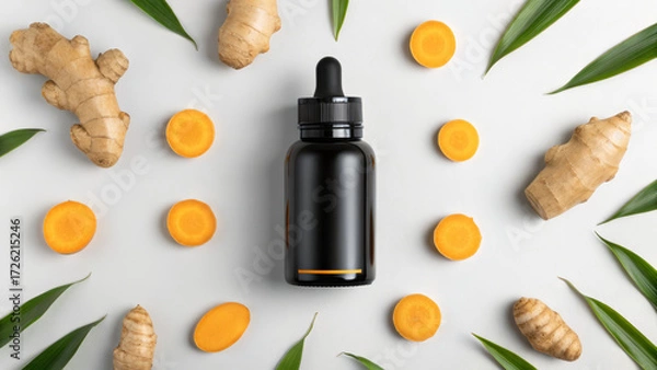 Fototapeta Amber dropper bottle with ginger root turmeric slice and green leaf arranged flat lay for immune wellness