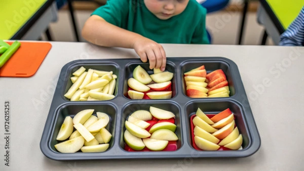 Fototapeta Child picking apple slice from tray of sliced apple snack in classroom