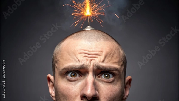 Fototapeta Behavioral disorder concept ,Man with fuse burning on head expressing anxiety and imminent danger