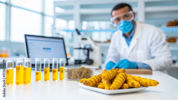 Fototapeta Turmeric supplement concept ,turmeric root laboratory analysis, lab worker testing extract, scientific turmeric study