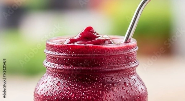 Obraz Closeup of a berry smoothie in a glass jar with a metal straw