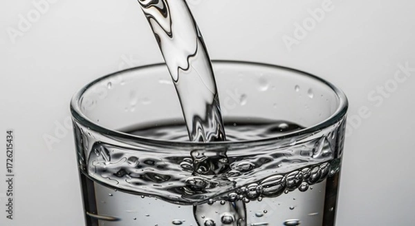 Obraz Clear water pours into a glass creating ripples and bubbles