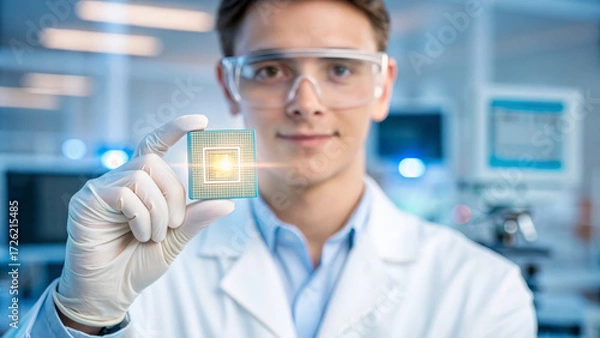 Fototapeta Lab technician microchip circuit glove laboratory scientist technology innovation microprocessor semiconductor electronics