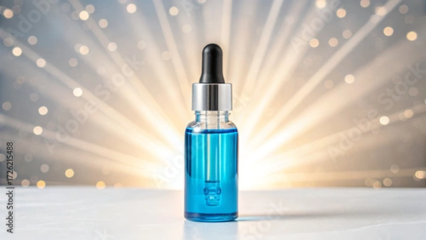 Fototapeta Vitamin B12 supplements concept ,blue dropper bottle with glowing bokeh background and radiant light