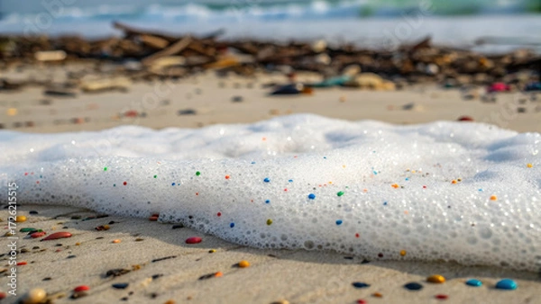 Fototapeta Microplastic and Contamination concept ,microplastic particle sea foam on sandy beach, colorful microbead pollution sparkling