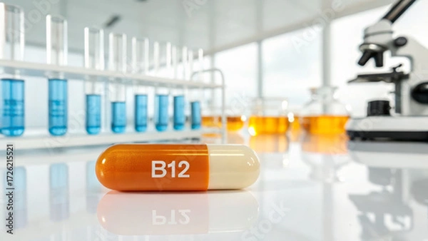 Fototapeta Vitamin B12 supplements concept ,Vitamin B12 supplement capsule lab bench with test tubes and microscope, clinical study mood