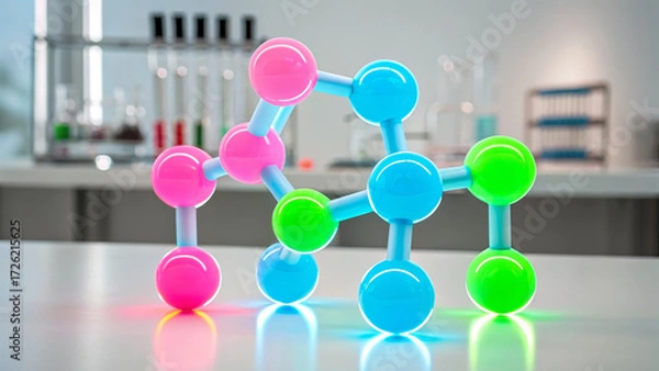 Fototapeta Neon molecule model laboratory model colorful molecule molecular structure chemical model neon colored molecule combining into