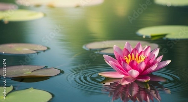 Obraz Closeup of a pink water lily on dark water with ripples