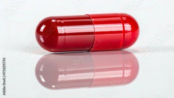 Fototapeta Vitamin B12 supplements concept ,red capsule reflecting on glossy surface with soft shadow and bright highlight
